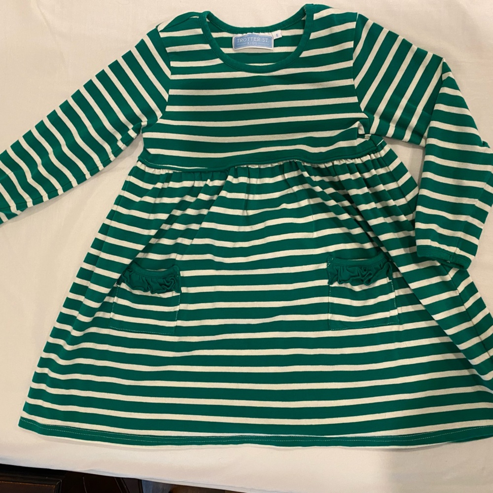 Trotter St. Kids - size 4, long sleeve, green/white stripe dress, ruffle pockets